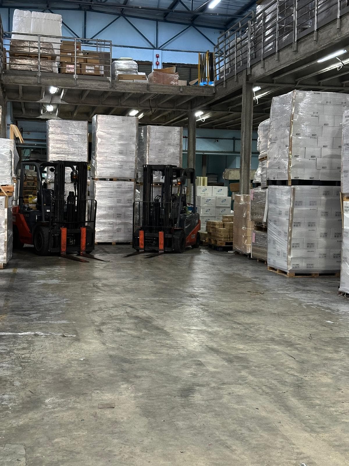 Megapac warehouse — forklifts loading pallets of packaging materials